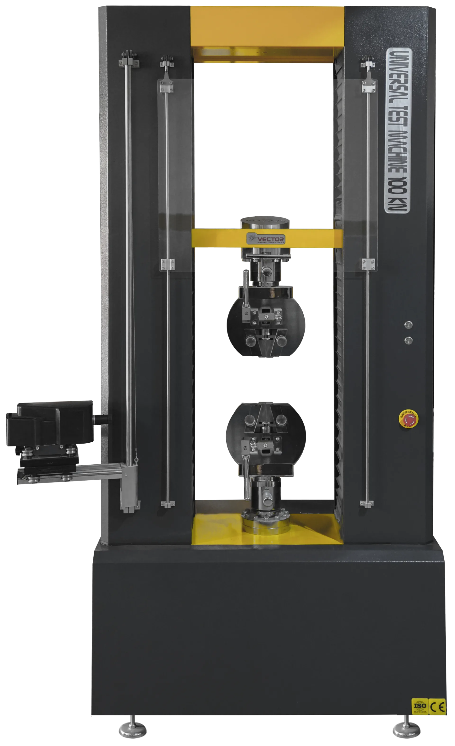 100 kN universal testing machine with Vector video extensometer mounted on the left column, aimed at the tensile specimen in the test zone