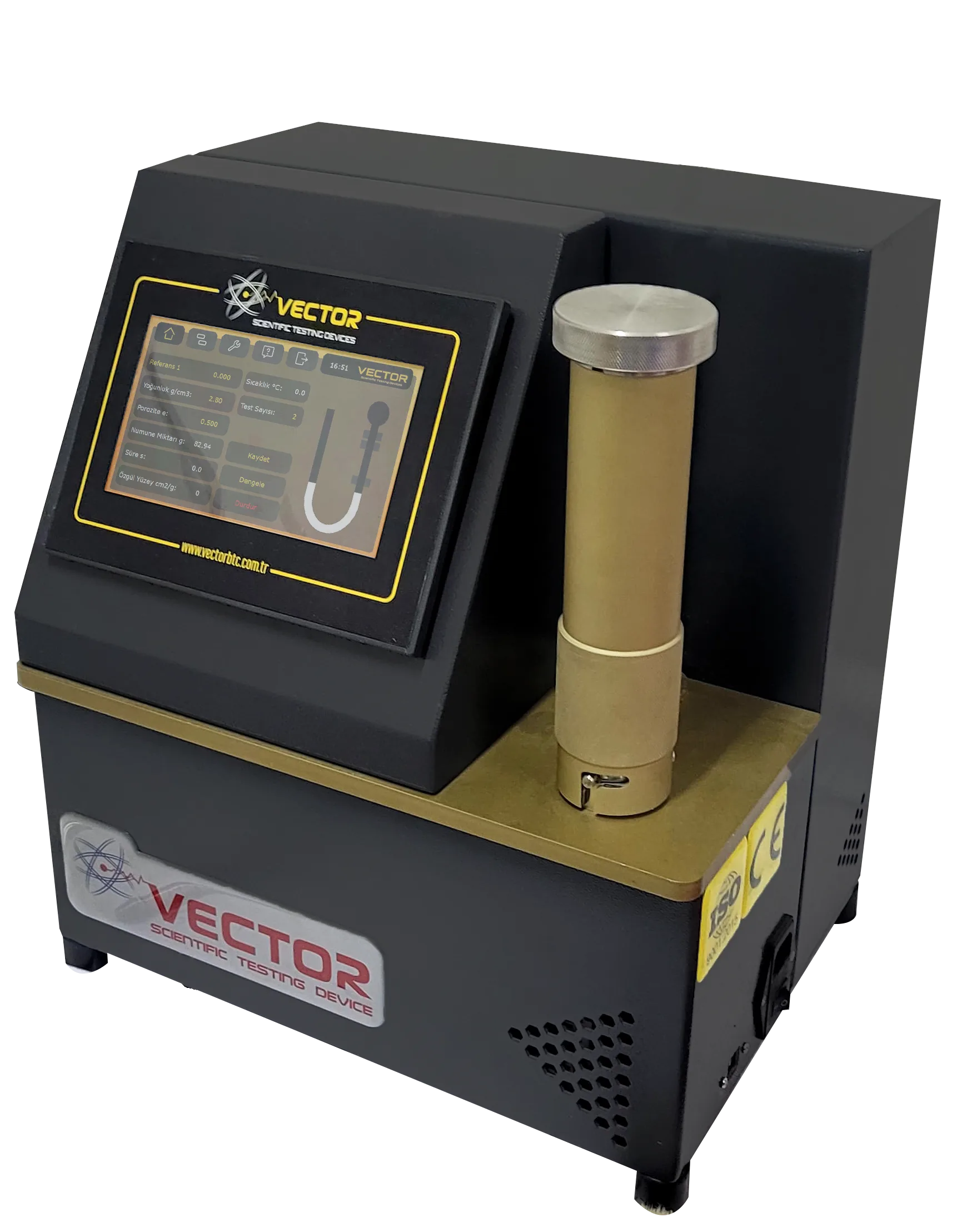 Vector VTR-1016 automatic Blaine — touchscreen interface and permeability cell assembly
