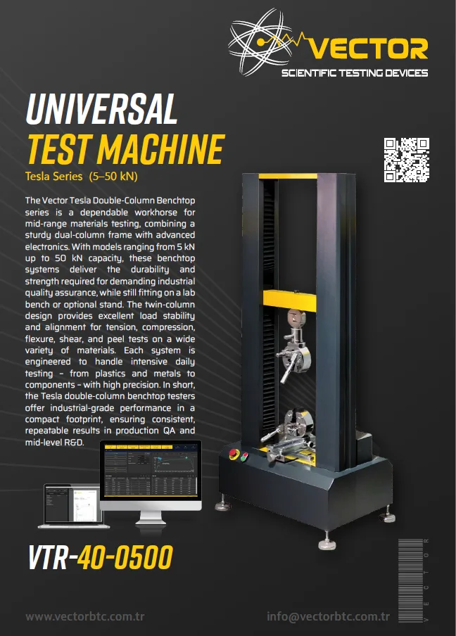 Vector Tesla Serisi 5–50 kN çift kolonlu universal test makinesi — broşür kapağı