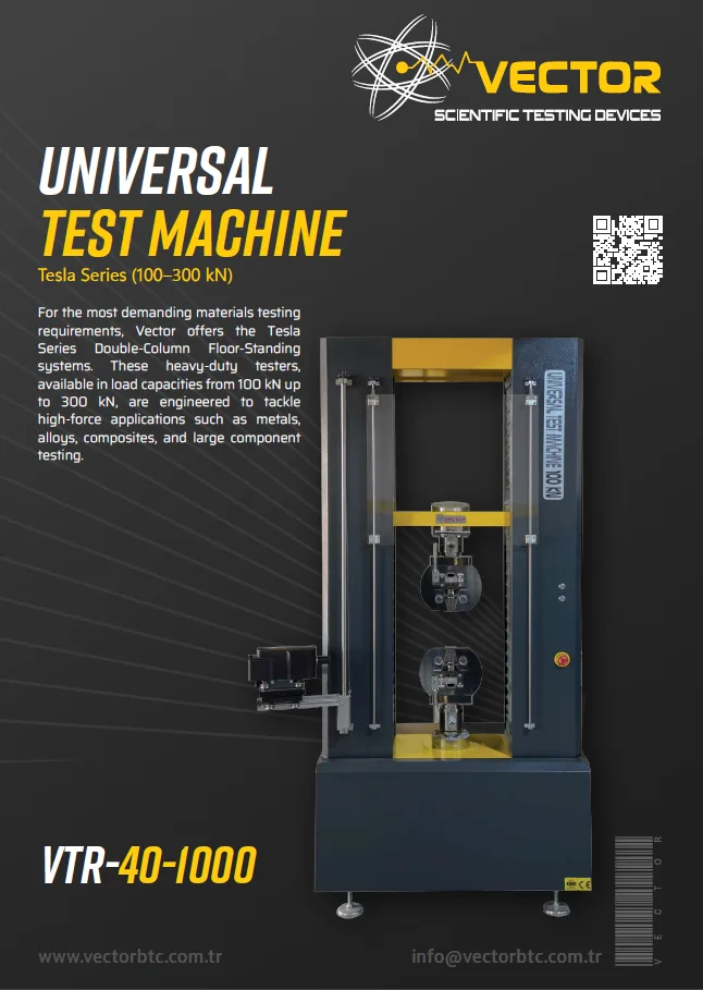 Vector Tesla Serisi 100–300 kN çift kolonlu universal test makinesi — broşür kapağı