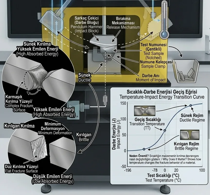 Charpy darbe testi infografiği — sünek ve kırılgan kırılma, test düzeneği ve sıcaklık–enerji geçiş eğrisi