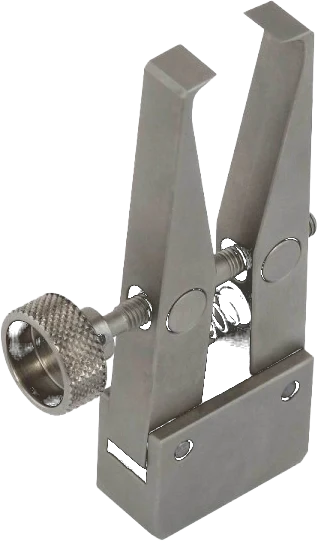Pincer-type grip clamping a small specimen