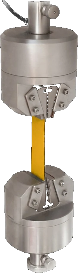 Pneumatic grip clamping a textile specimen on a universal testing machine