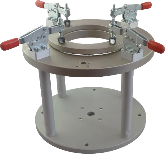 Puncture probe and ring fixture on a clamped membrane specimen