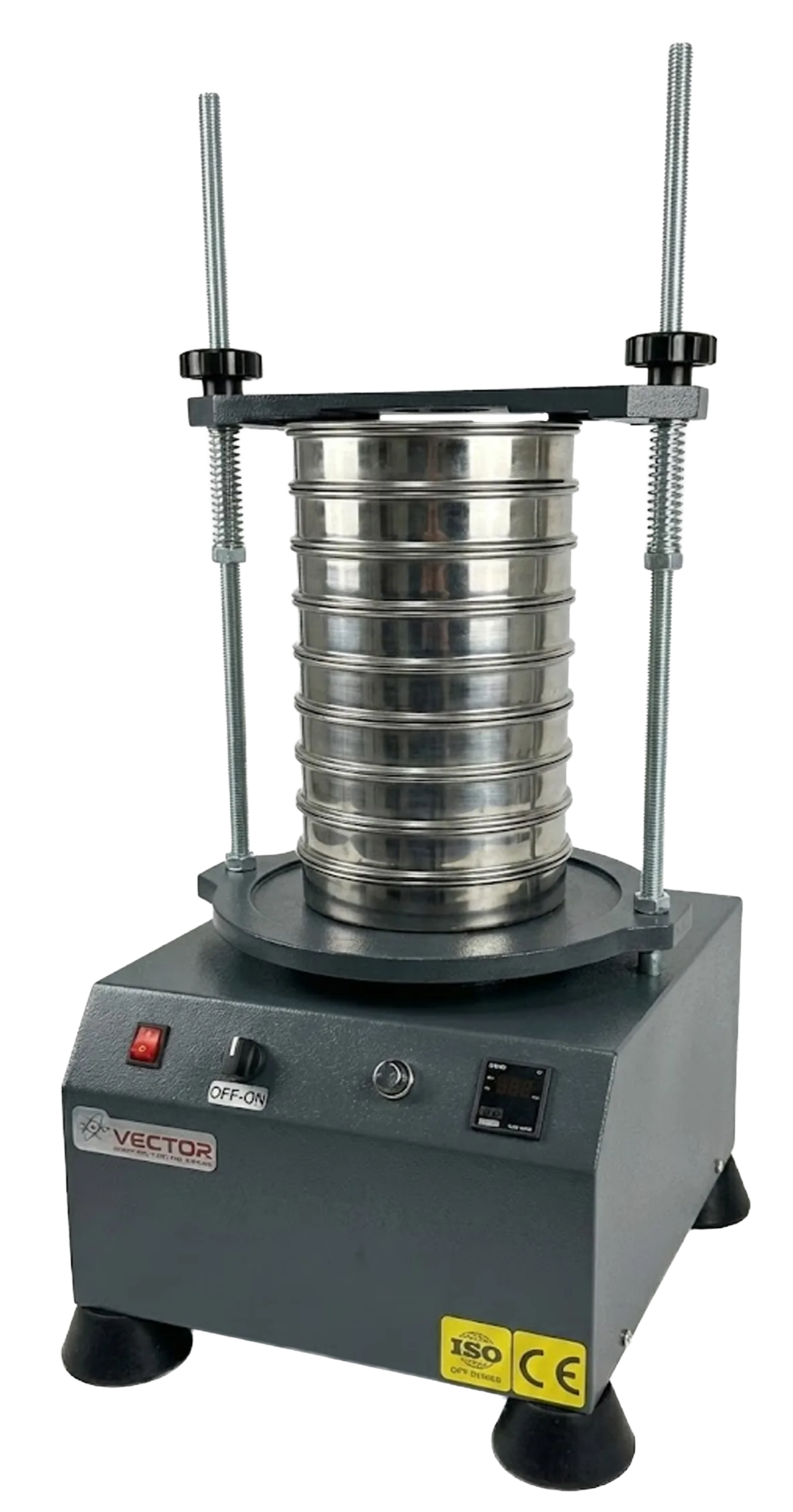 Vector VTR-1041 analytical sieve shaker — test sieve stack on vibration platform