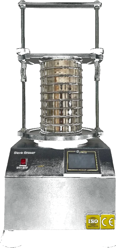 Vector VTR-1041 analytical sieve shaker — front view with clamped test sieve stack