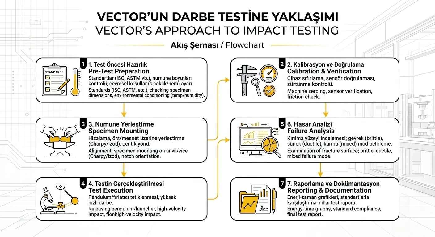 Flowchart: Vector's approach to impact testing — from pre-test preparation through reporting