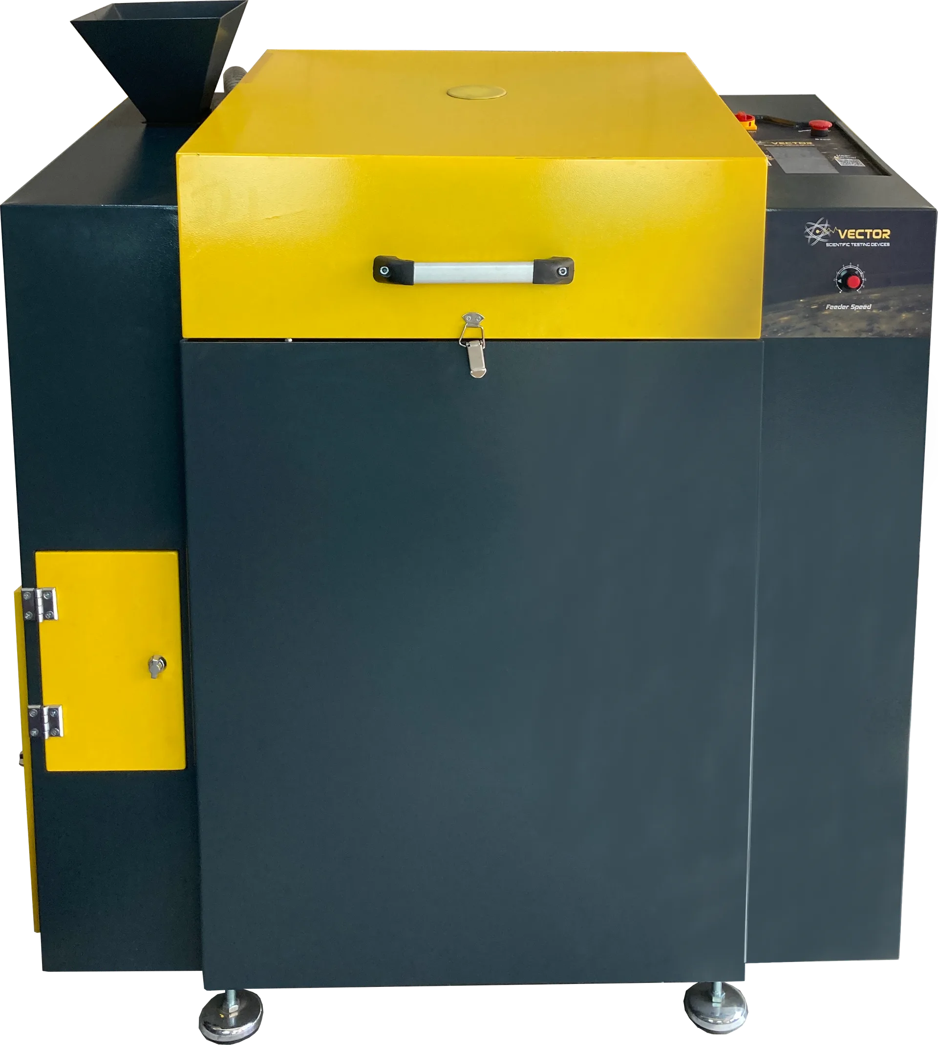 Vector VTR-1012-C Gaia — sürekli titreşimli disk öğütücü, besleme hunisi ve kontroller