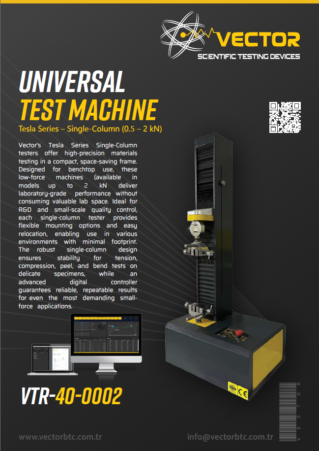 Vector Tesla Series 2 kN benchtop universal testing machine — brochure cover
